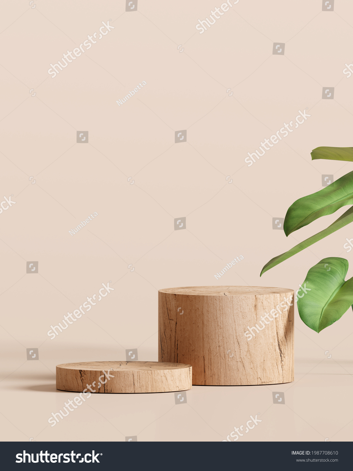 Wooden product display podium with nature leaves on brown background. 3D rendering	
