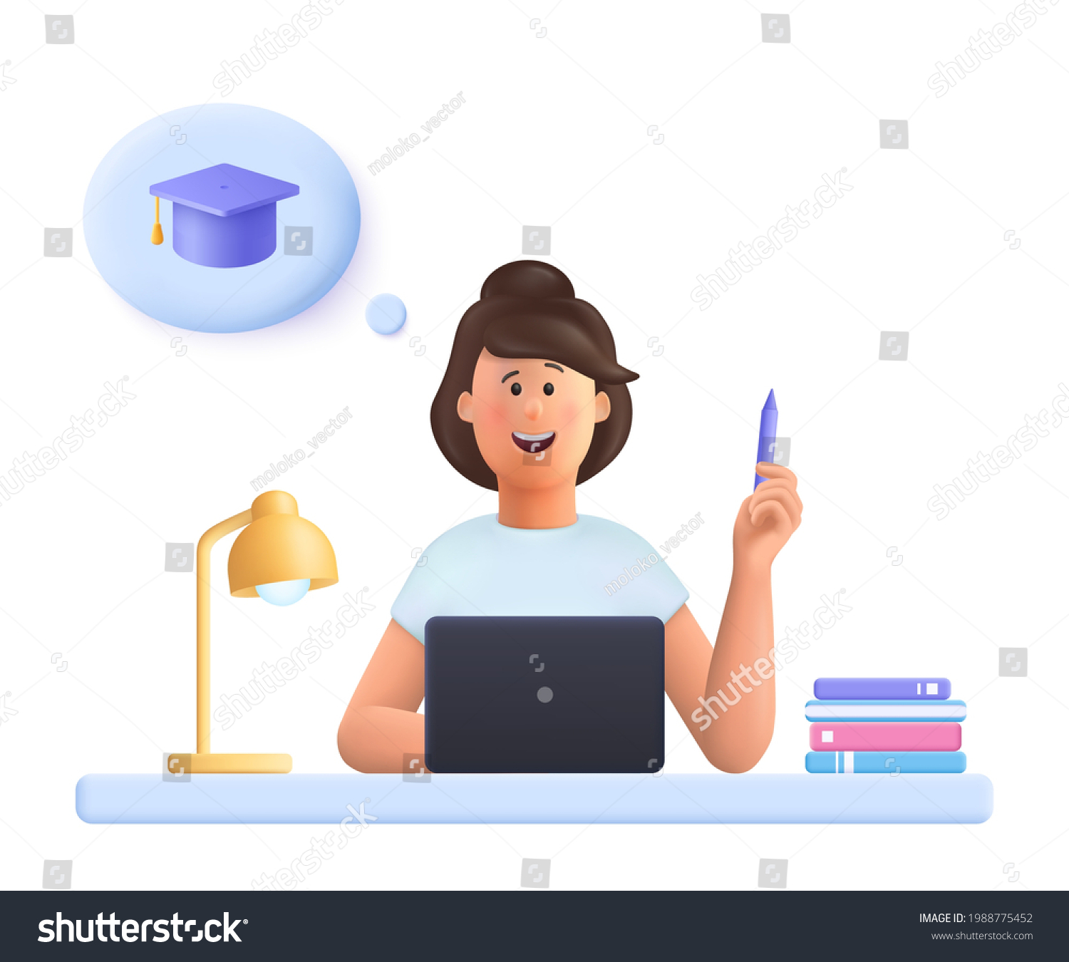 Young woman Jane sitting at desk in front laptop  holding pencil  doing assignment  thinking graduation. Online education  online study concept.  3d vector people character illustration.