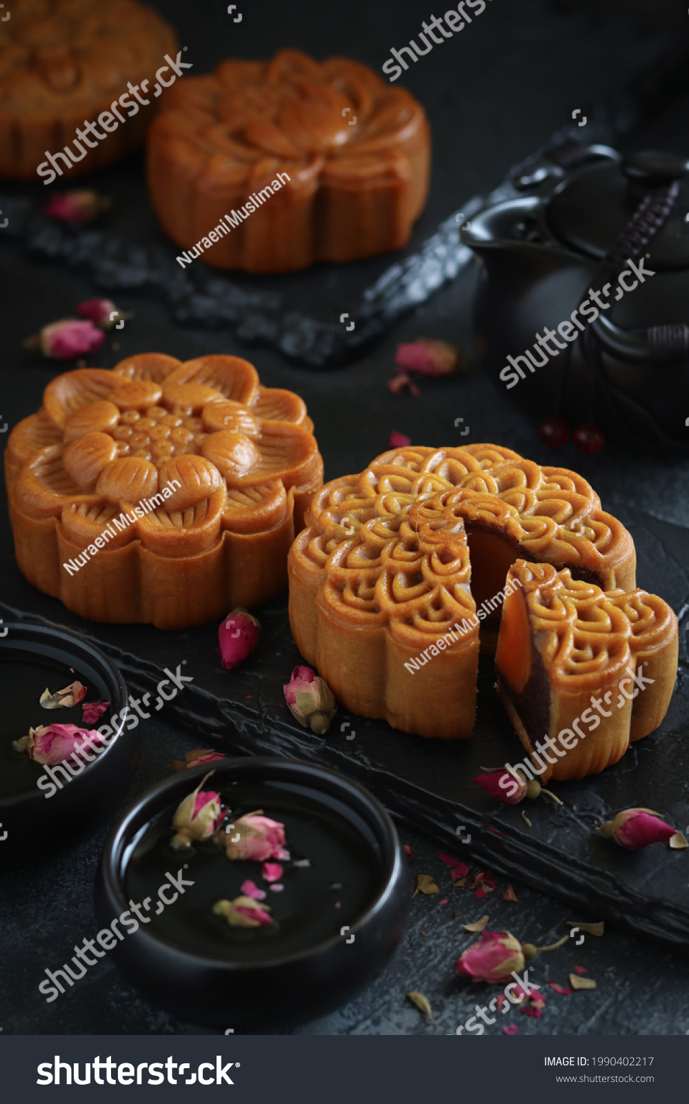 Cropped moon cake and black photo background