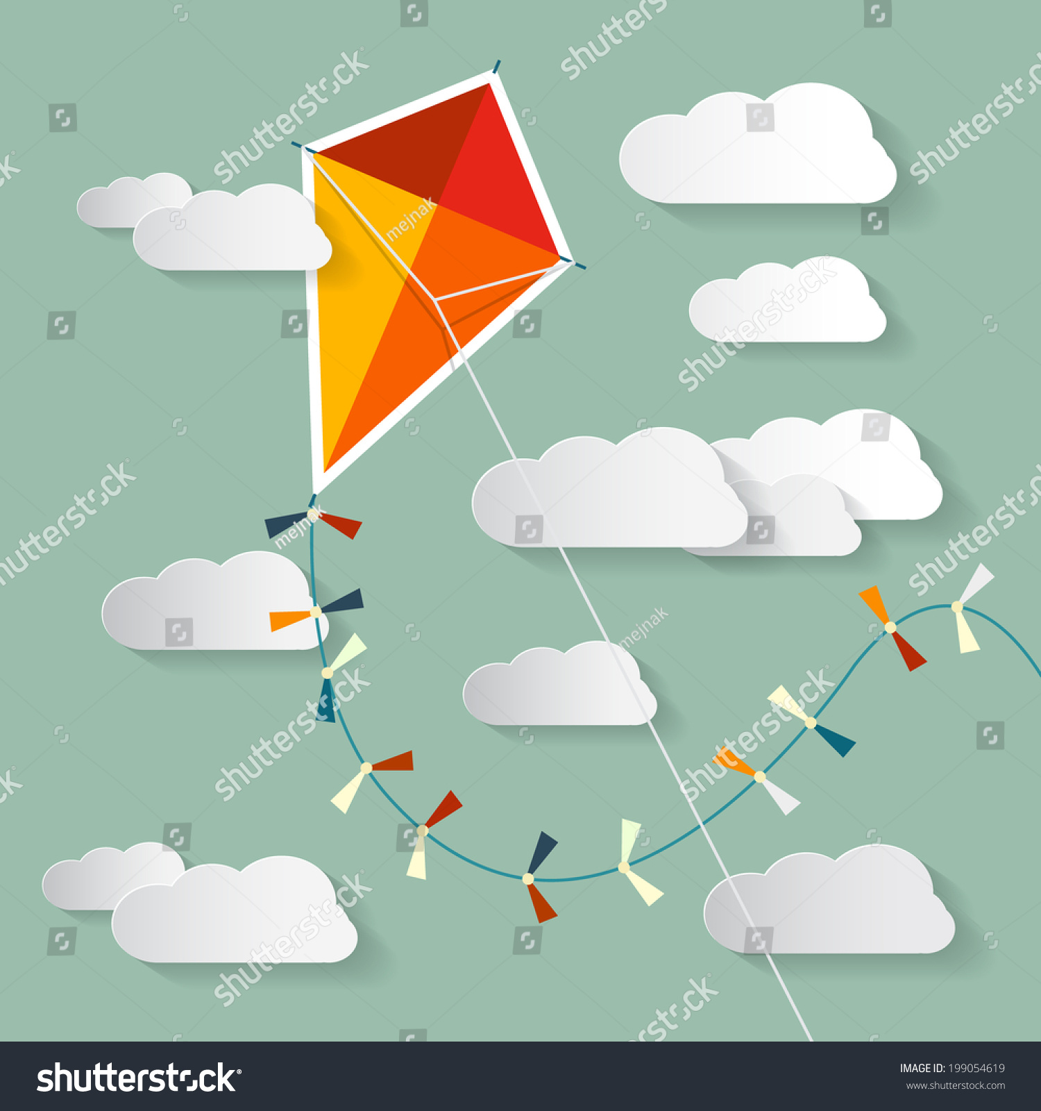 Vector Paper Kite on Sky with Clouds
