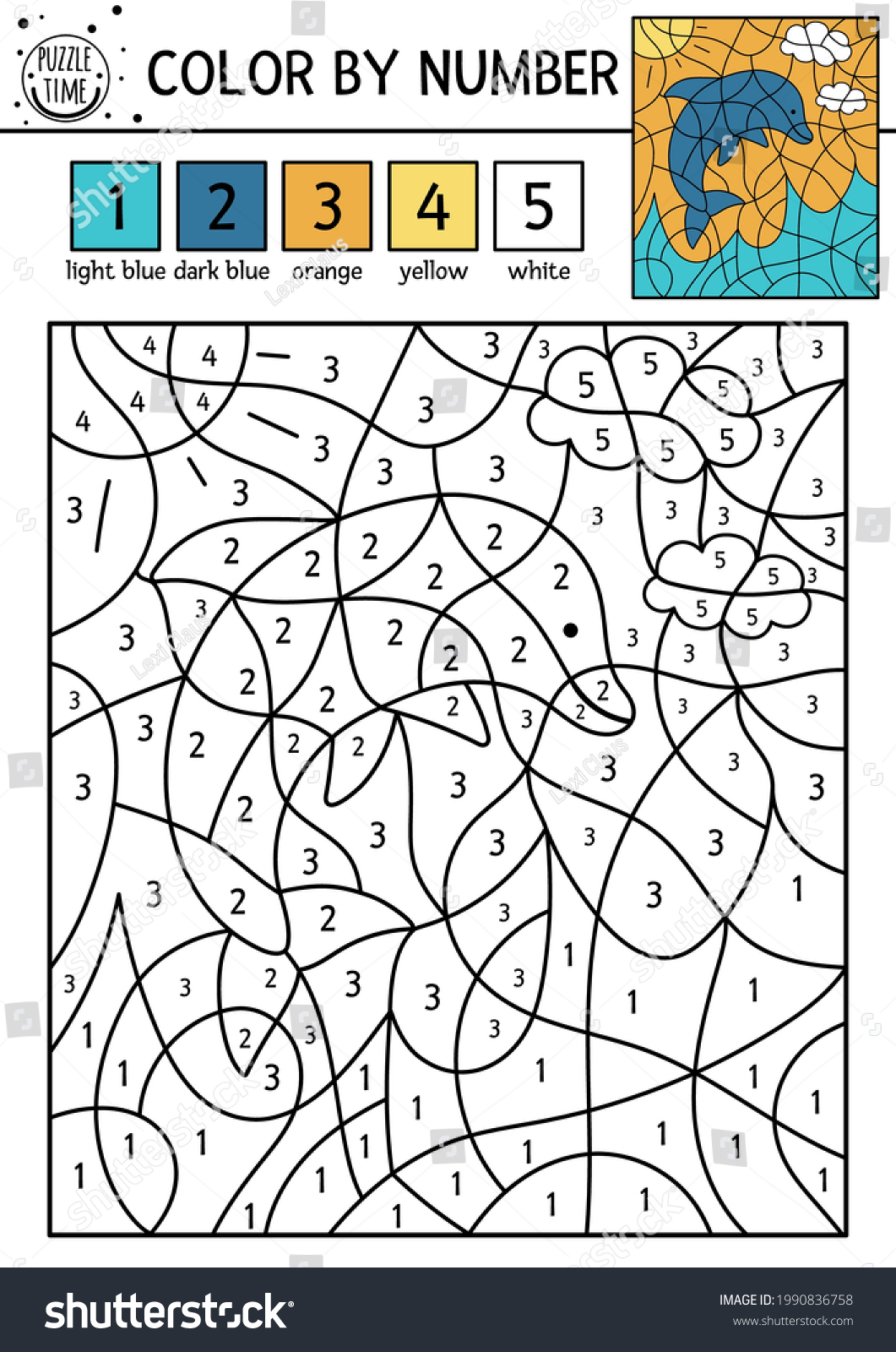 Vector tropical color by number activity with dolphin sun leaves and ...