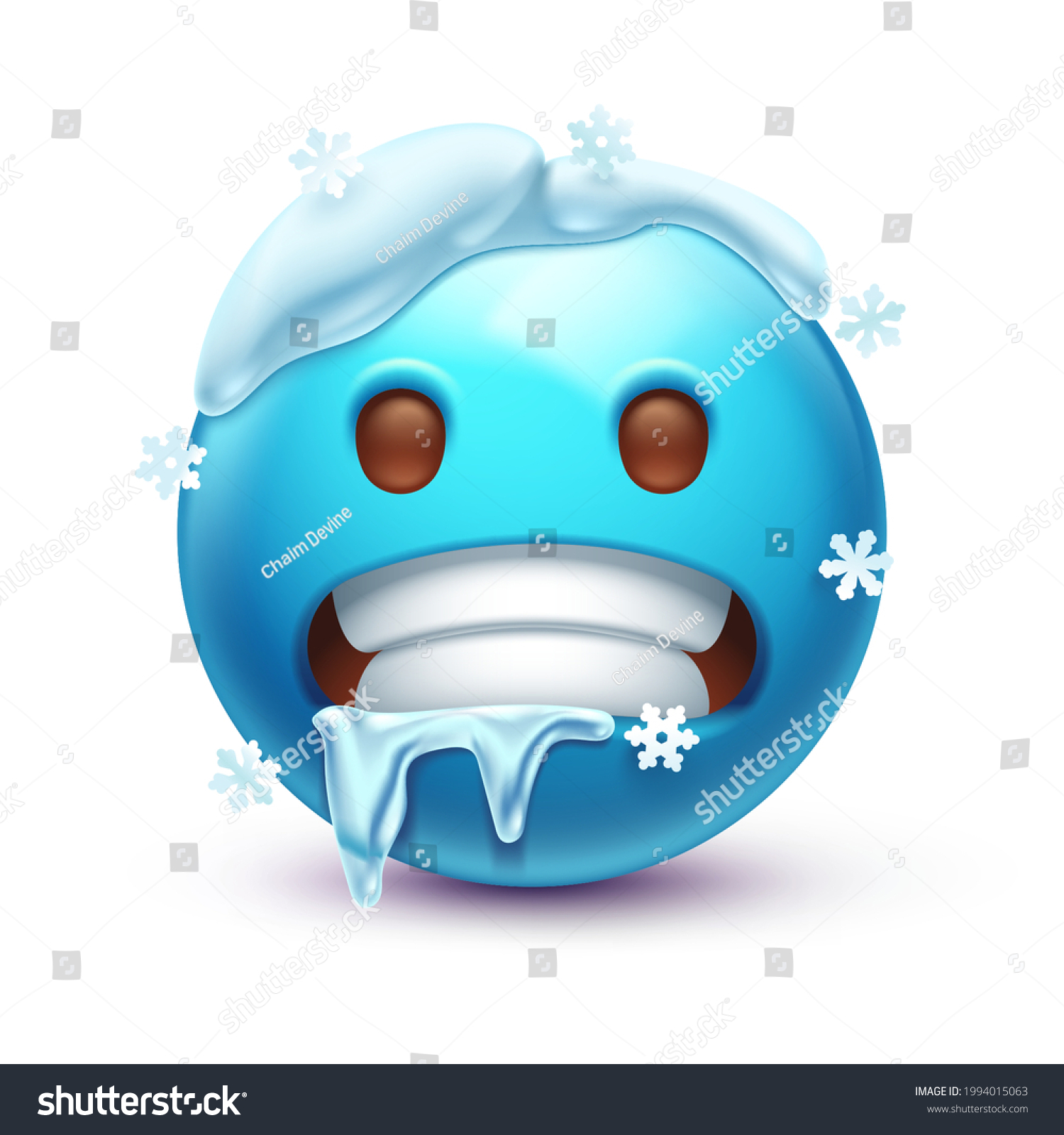Cold emoji. Freezing emoticon  icy blue face with gritted teeth  icicles and snow cap 3D stylized vector icon