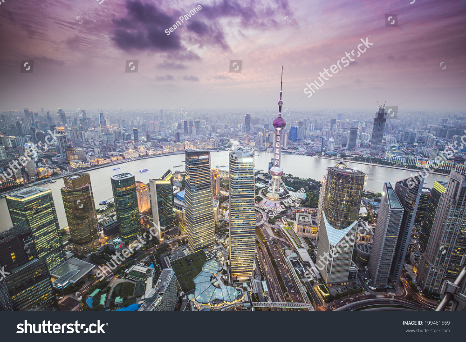 Shanghai  China aerial view of the Pudong financial district.