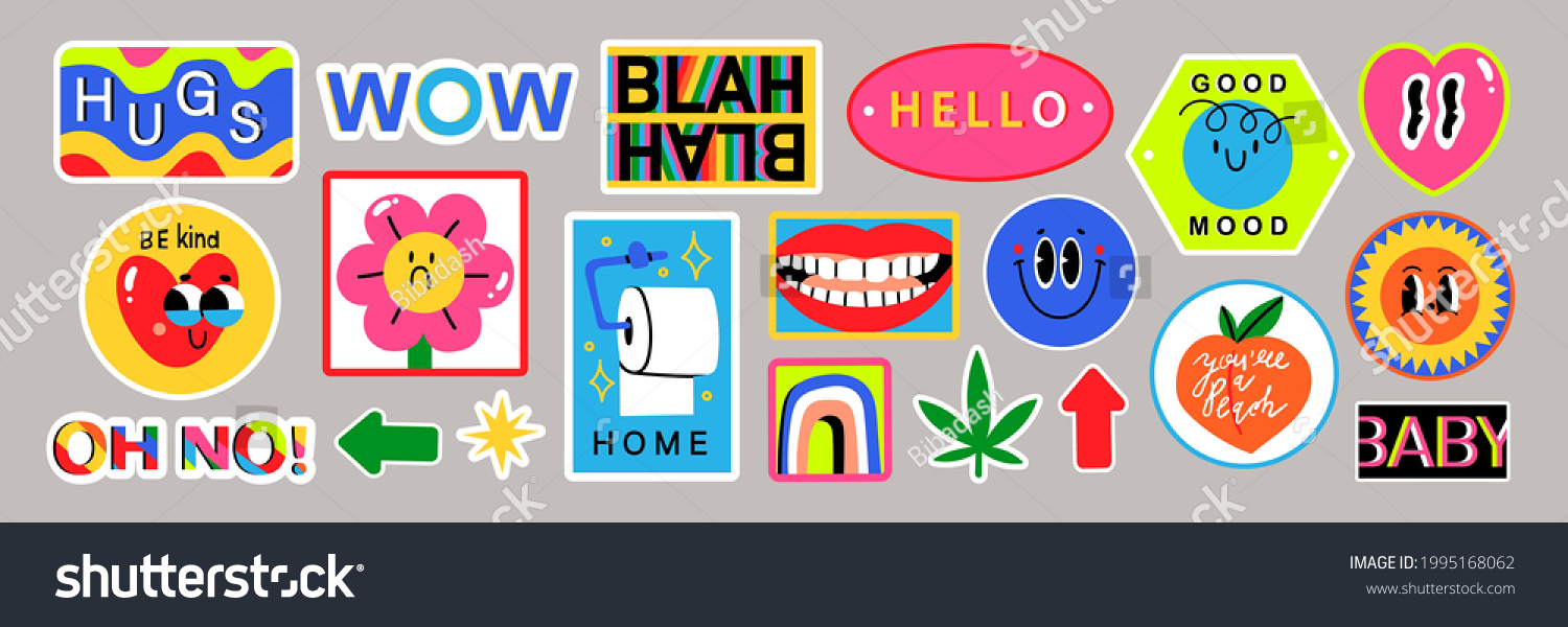 Set of Various Patches  Pins  Stamps or Stickers. Abstract funny cute comic Characters. Different Phrases and words. Hand drawn trendy Vector illustration. Cartoon style. All elements are isolated.