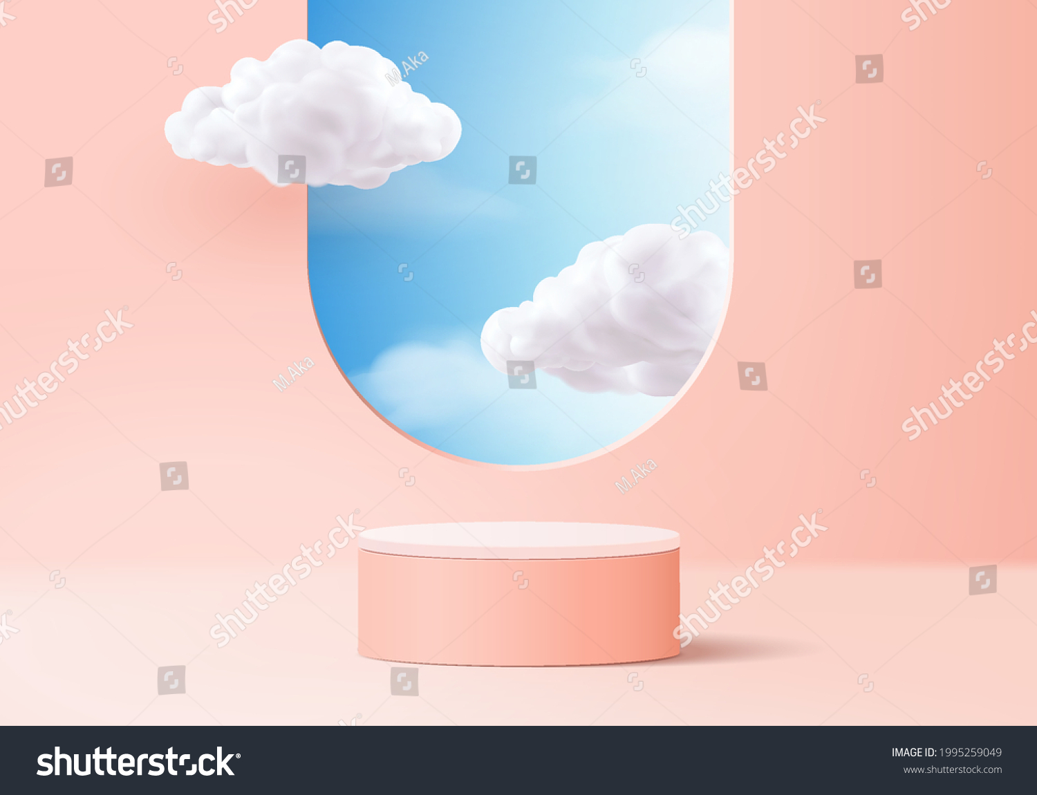 背景矢量3D粉红色呈现 带讲台和最小的云场景 最小产品显示背景3D渲染的几何形状天空云粉红色的粉红色。阶段3D渲染产品在平台上
