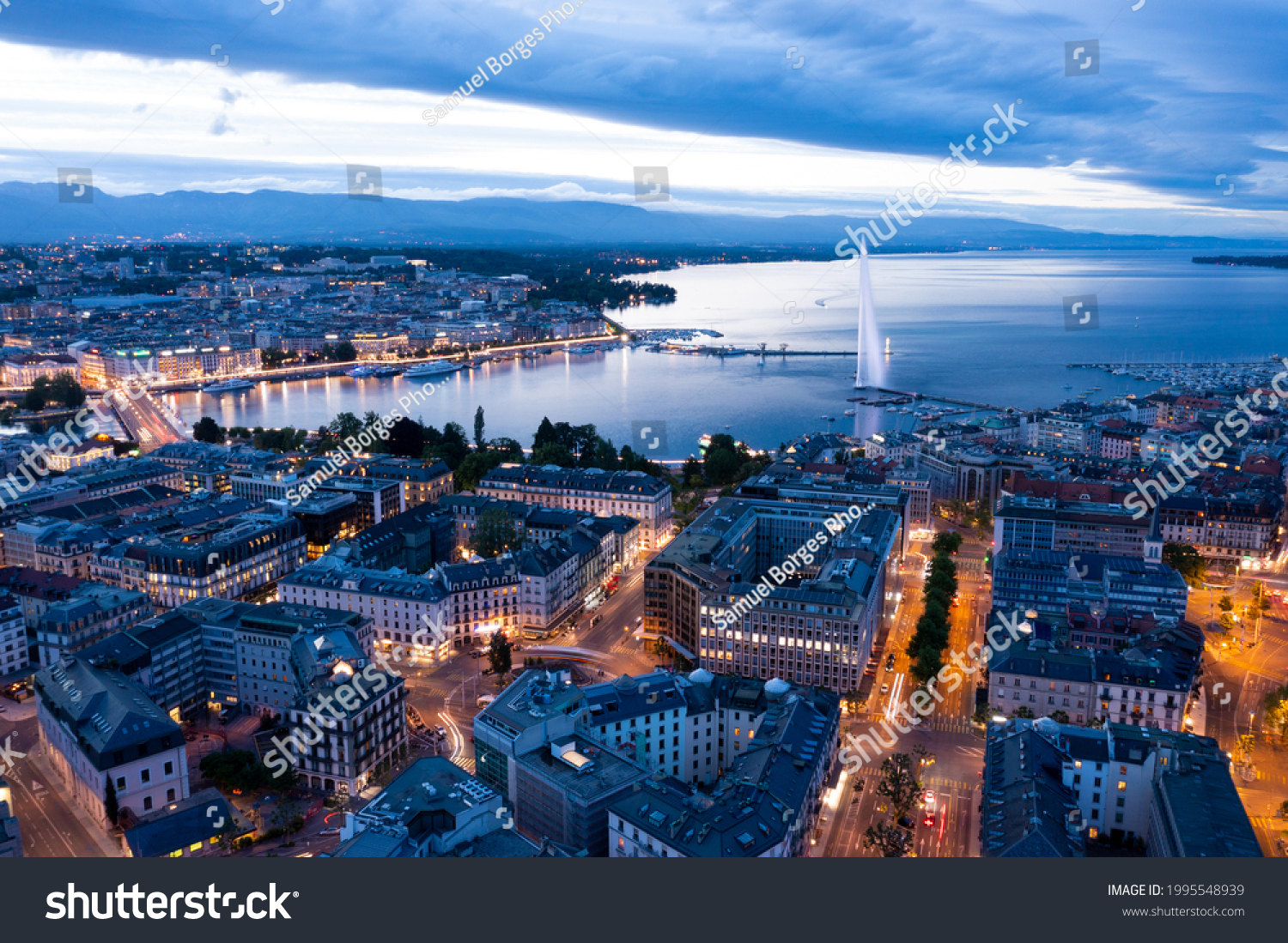 Aerial  night view of Geneva city waterfront skyline in Switzerland