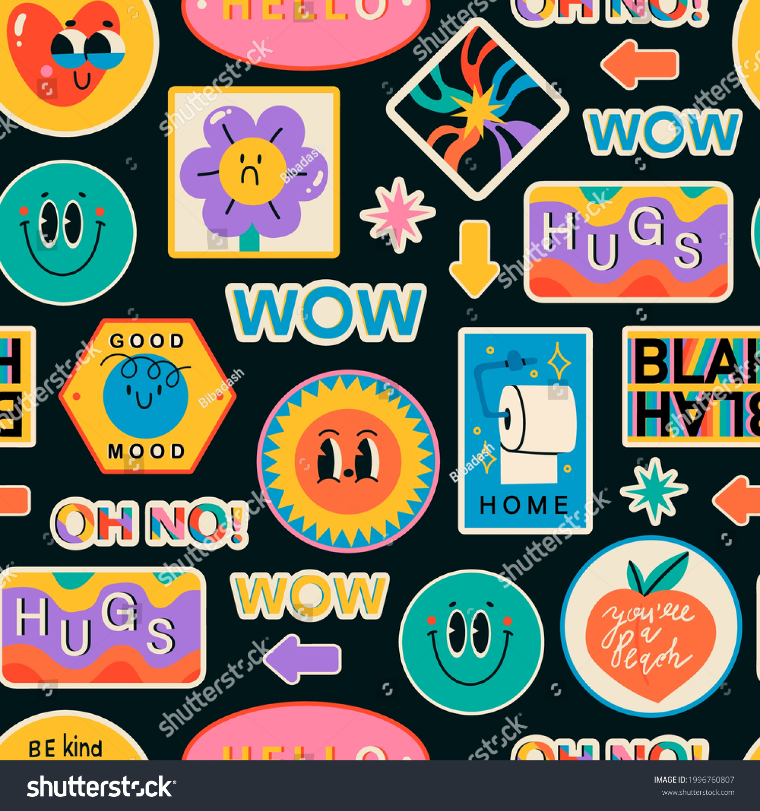 Various Patches  Pins  Stamps  Stickers. Funny cute comic Characters. Different Phrases and words. Hand drawn trendy Vector illustration. Cartoon style. Abstract square seamless Pattern  wallpaper