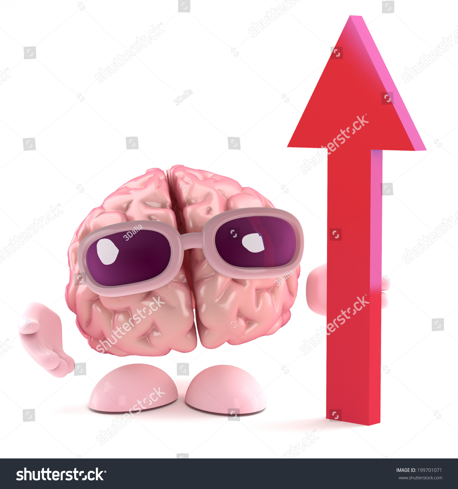 3d render of a brain with a red upward pointing arrow