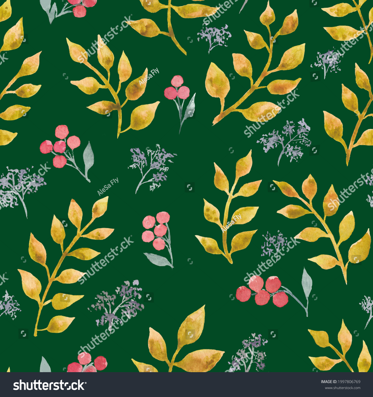 Hand drawn watercolor seamless square green pattern with autumn leaves ...