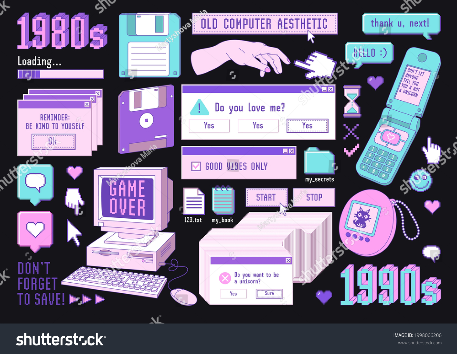 Sticker pack of retro pc elements. Old computer aestethic. Set of user interface elements and technology illustration in trendy retrowave style. Nostalgia for 1980s -1990s.