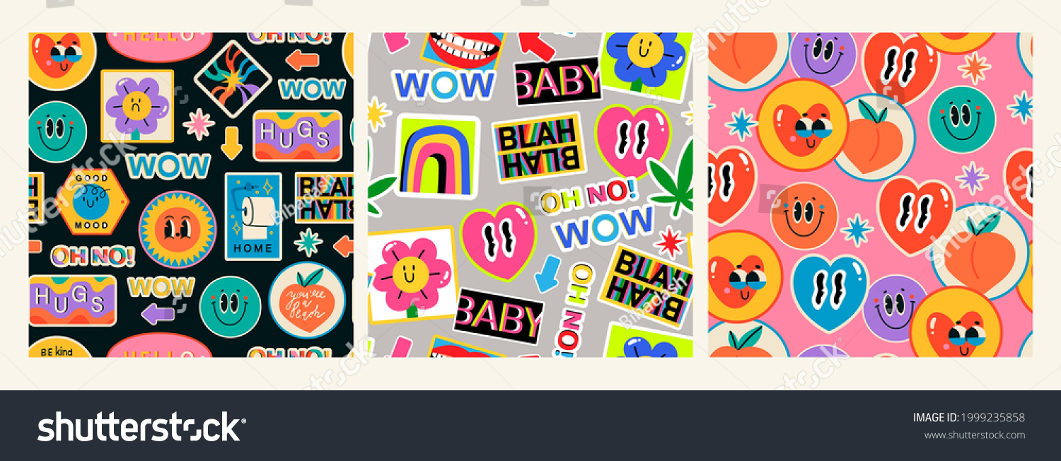 Various Patches  Pins  Stamps  Stickers. Funny cute comic Characters. Different Phrases and words. Hand drawn trendy Vector illustration. Cartoon style. Set of three Abstract square seamless Patterns