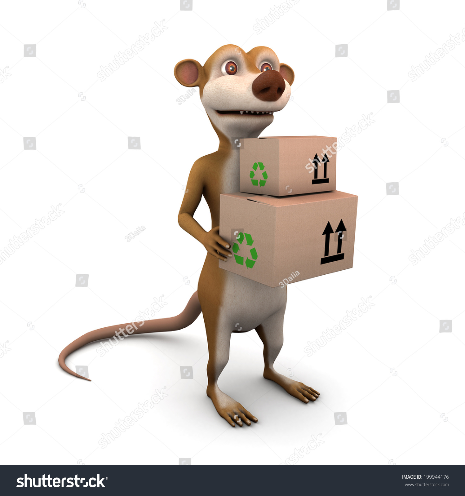 3d render of a cartoon meerkat delivers some cardboard boxes