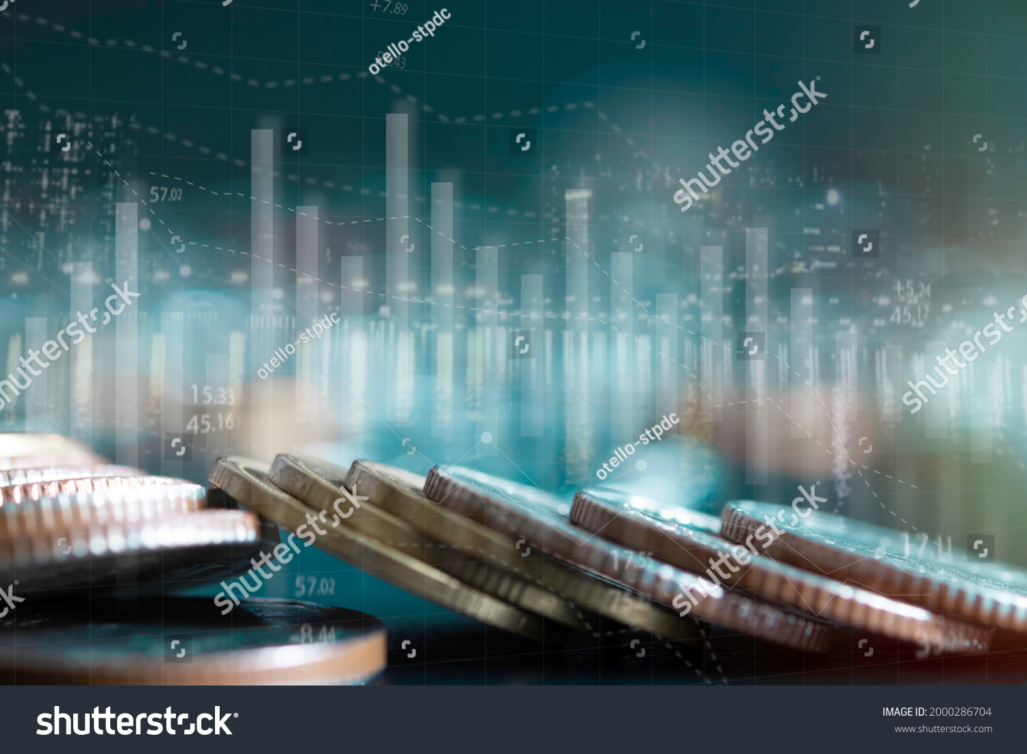 Double exposure of city and stack rows money coin with trading graph ...