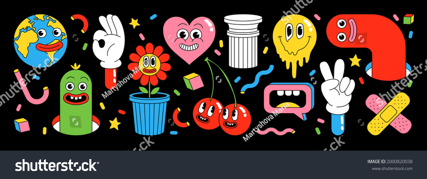 Sticker pack of funny cartoon characters. Vector illustration of heart  patch  earth  berry  hands  abstract faces etc. Big set of comic elements in trendy cartoon style.