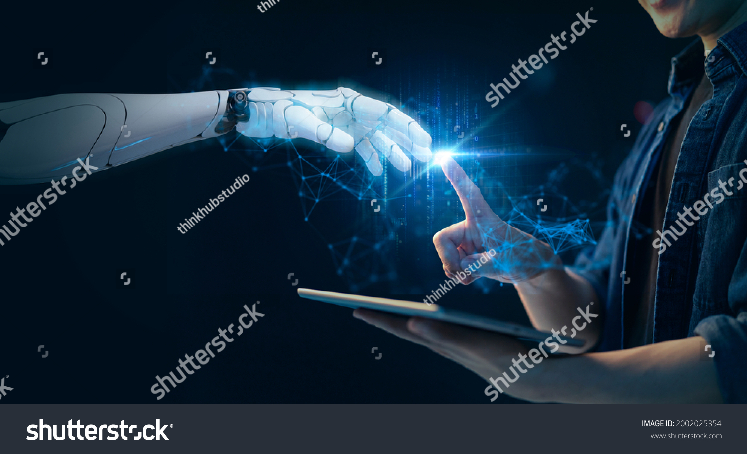 Artificial intelligence futuristic technology robot and man finger pointing touch data transfer