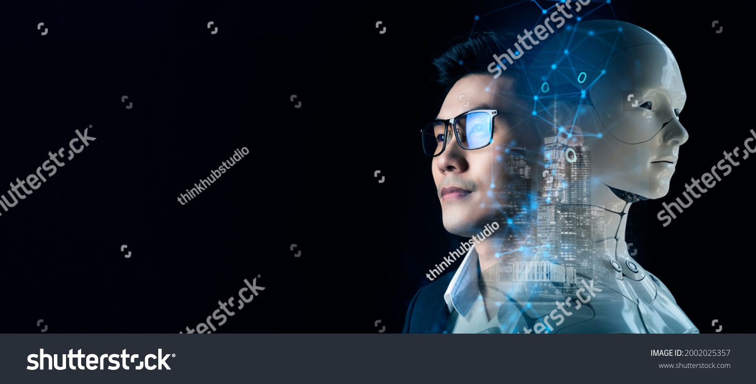 Artificial intelligence  futuristic digital technology human and robot face close up. 