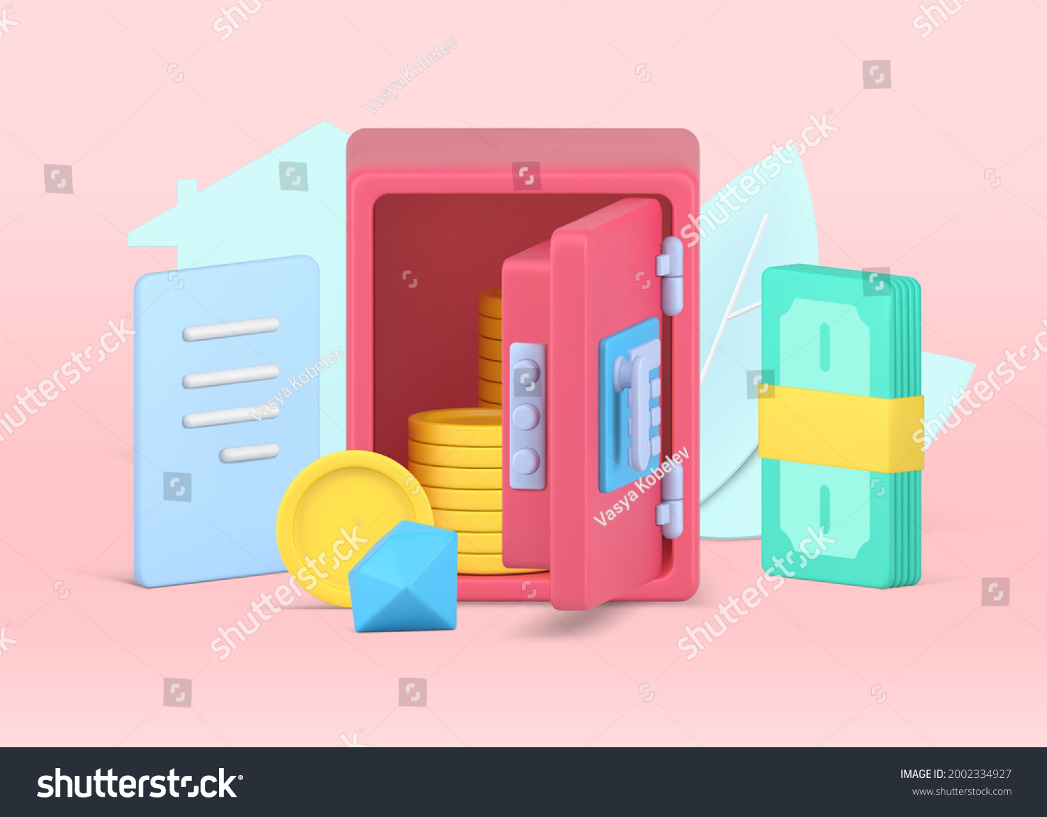 Secured bank safe 3d realistic icon. Pink armored box with open door and gold coins. Bundle of green bills and blue diamond. Protected growth in investment. Vector illustration isolated realistic