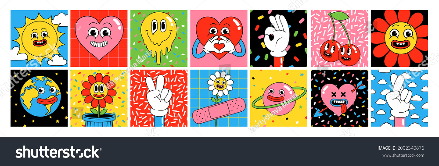 Funny cartoon characters. Square posters  sticker pack. Vector illustration of heart  patch  earth  berry  hands  abstract faces etc. Big set of comic elements in trendy retro cartoon style.