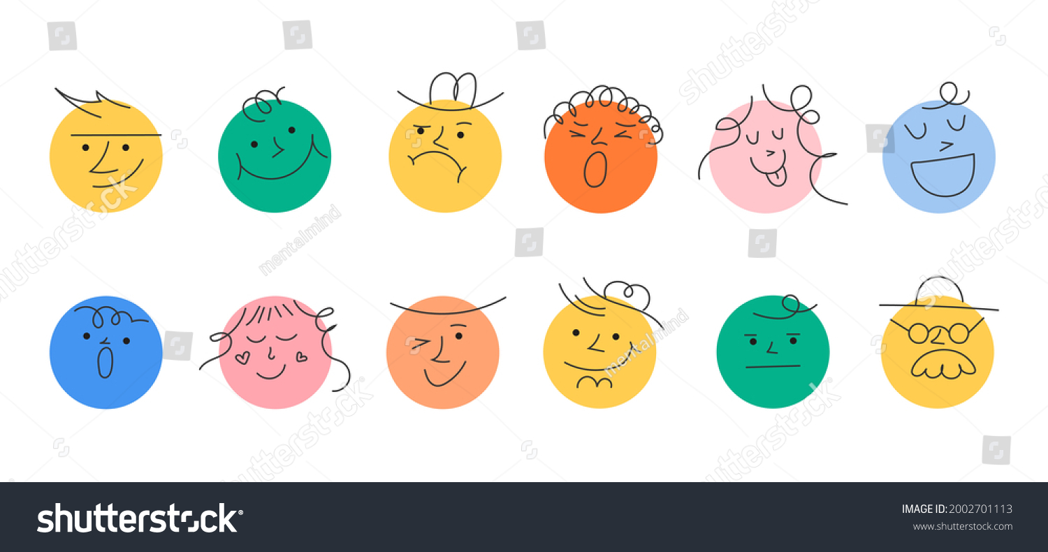 Round abstract comic Faces with various Emotions. Crayon drawing style. Different colorful characters. Stickers for websites and social network. Hand drawn flat Linear vector set on a white background