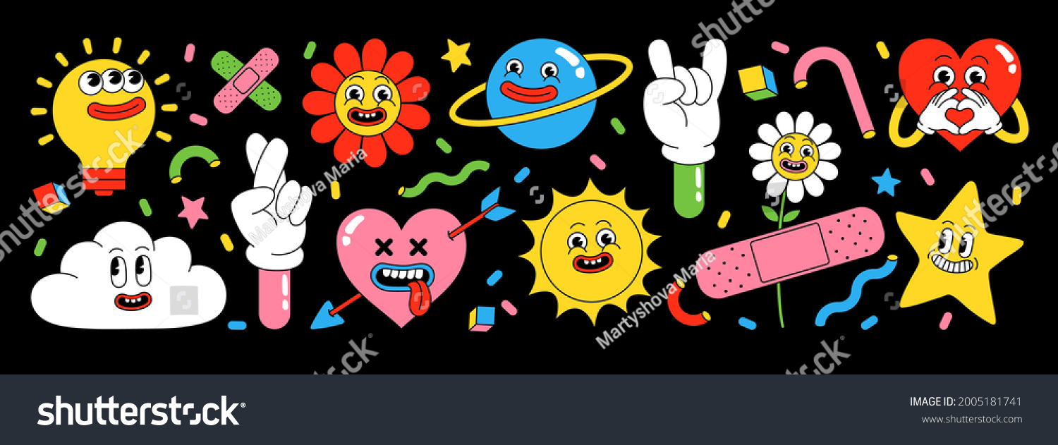 Sticker pack of funny cartoon characters. Vector illustration of comic heart  sun  planet  berry  abstract faces etc. Big set of comic elements in trendy retro cartoon style.
