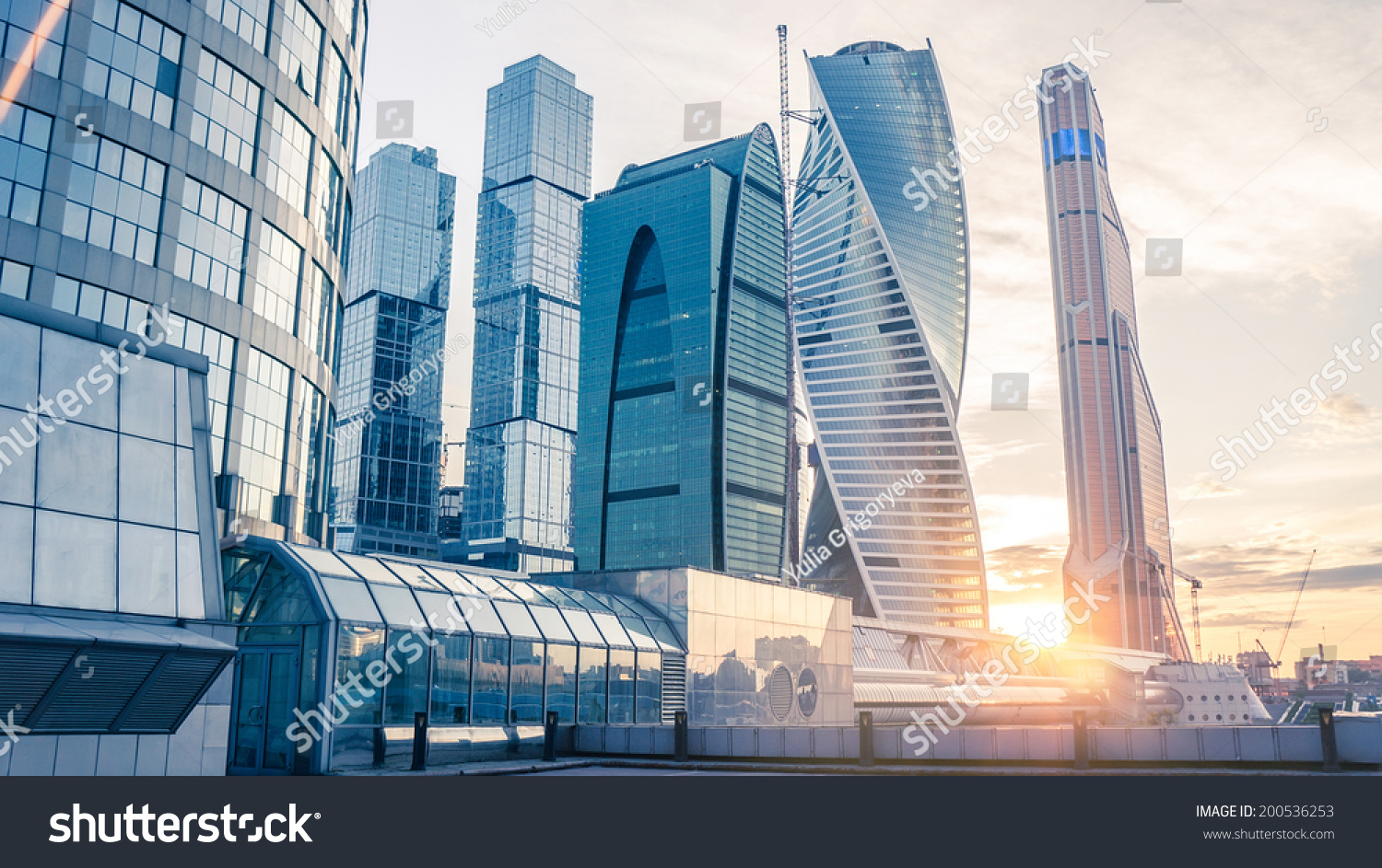 Beautiful evening view of famous skyscrapers in Moscow City international business center Moscow Russia. Toned picture