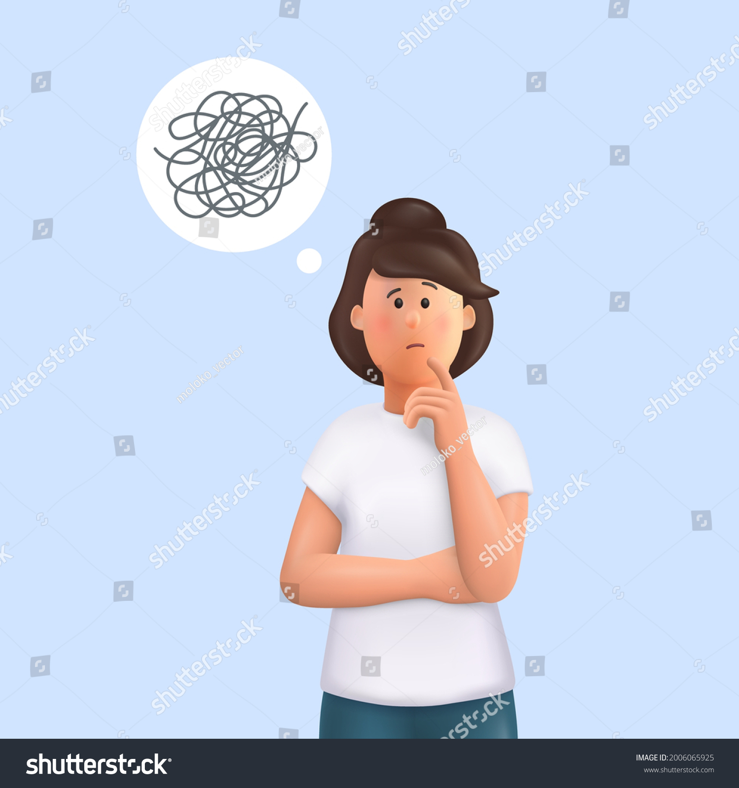 Young woman Jane with tangled thoughts.  Business problem solving concept  online communication problem and question resolution. 3d vector people character illustration.