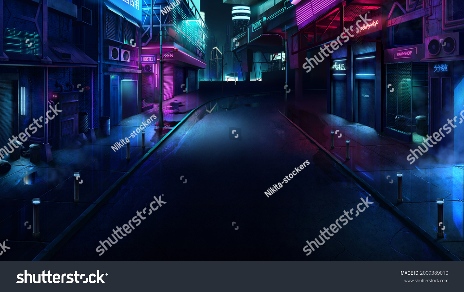 Night neon city of the future. Realistic 2D illustration. Translation: "Pawnshop. Bar".