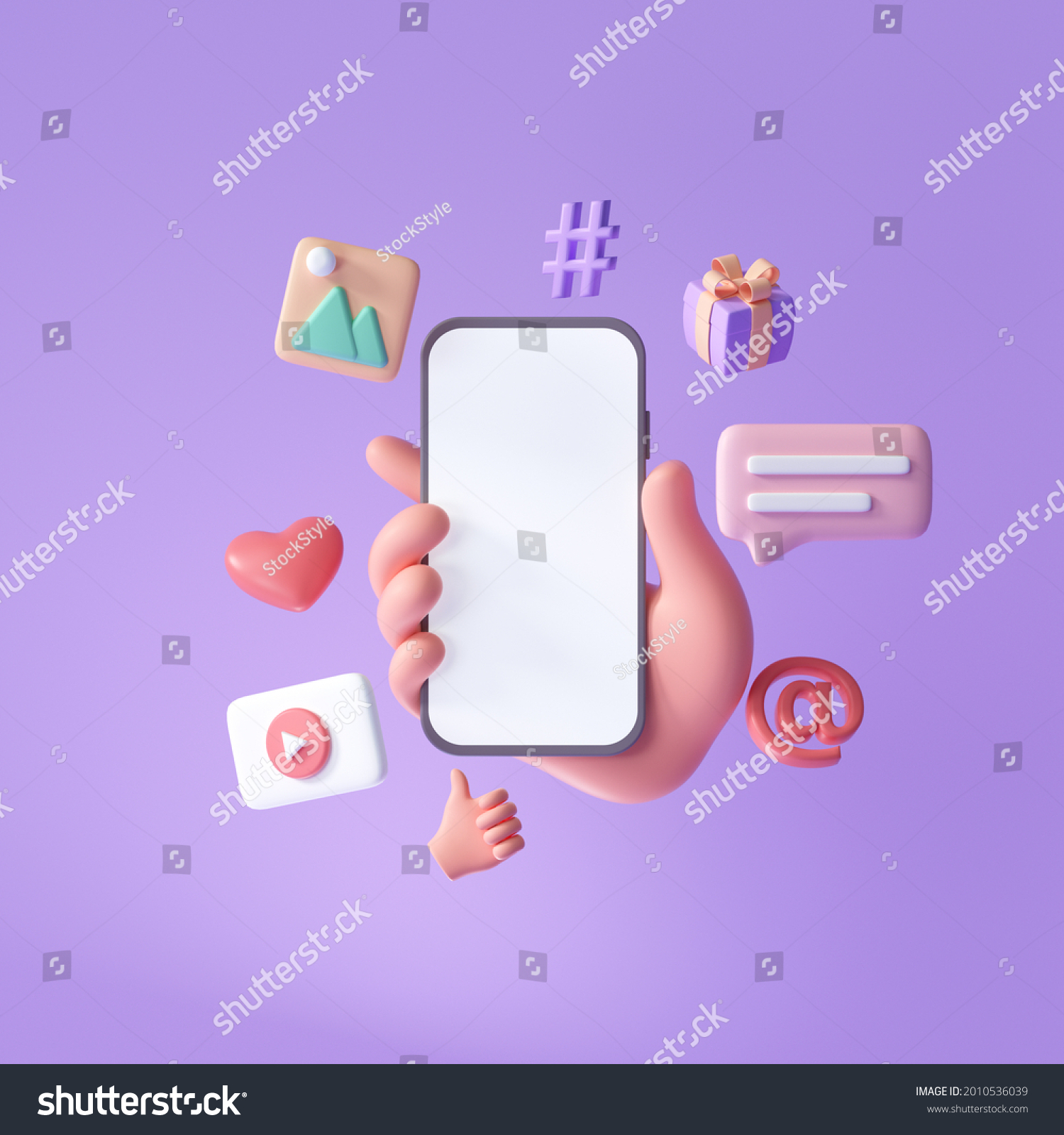 3D在线社交媒体通信平台概念。用表情符号 评论 爱 喜欢和播放图标的手握住电话。 3D渲染插图