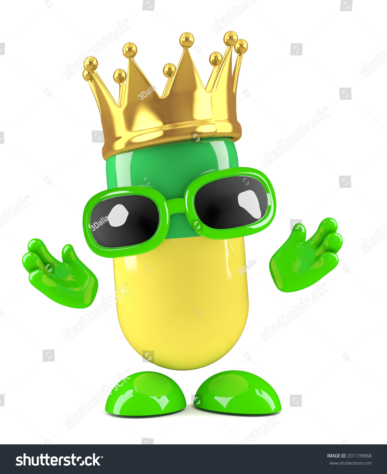 3d render of a pill wearing a gold crown