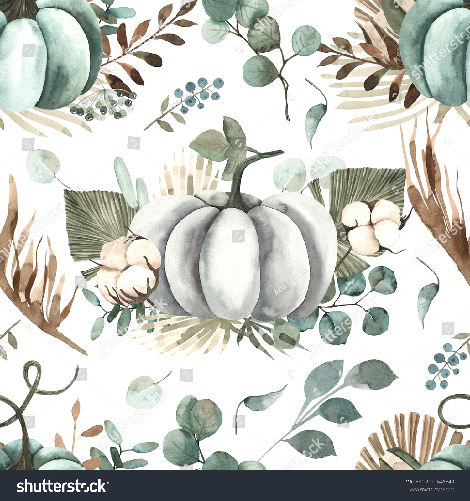 Watercolor autumn seamless pattern with colored pumpkins leaves ...
