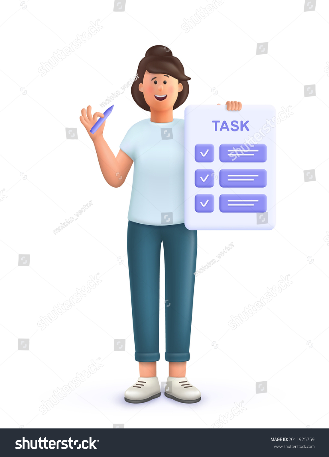 Young woman Jane with tasks on paper sheets  planning schedule to finish task on time. Deadline  assignments scheduling  work process organization concept. 3d vector people character illustration.