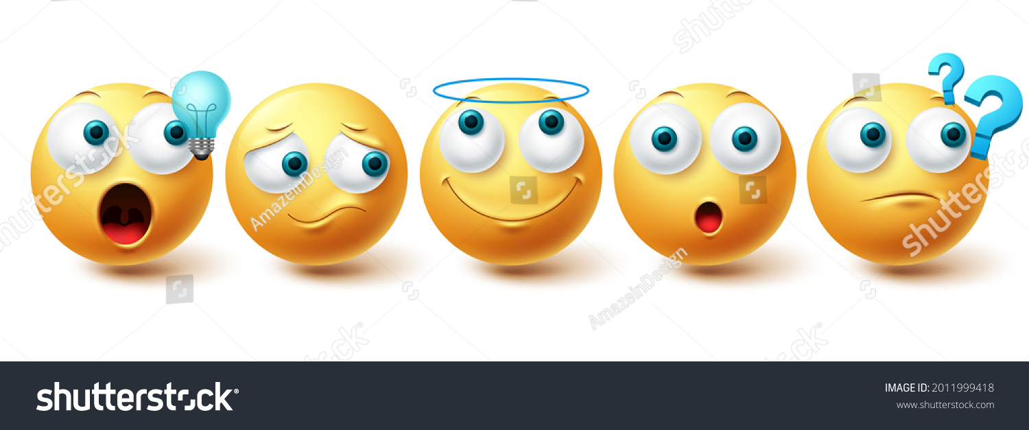 Emoji vector set. Emojis yellow emoticon happy  sad  angel and thinking face collection isolated in white background for graphic design elements. Vector illustration
