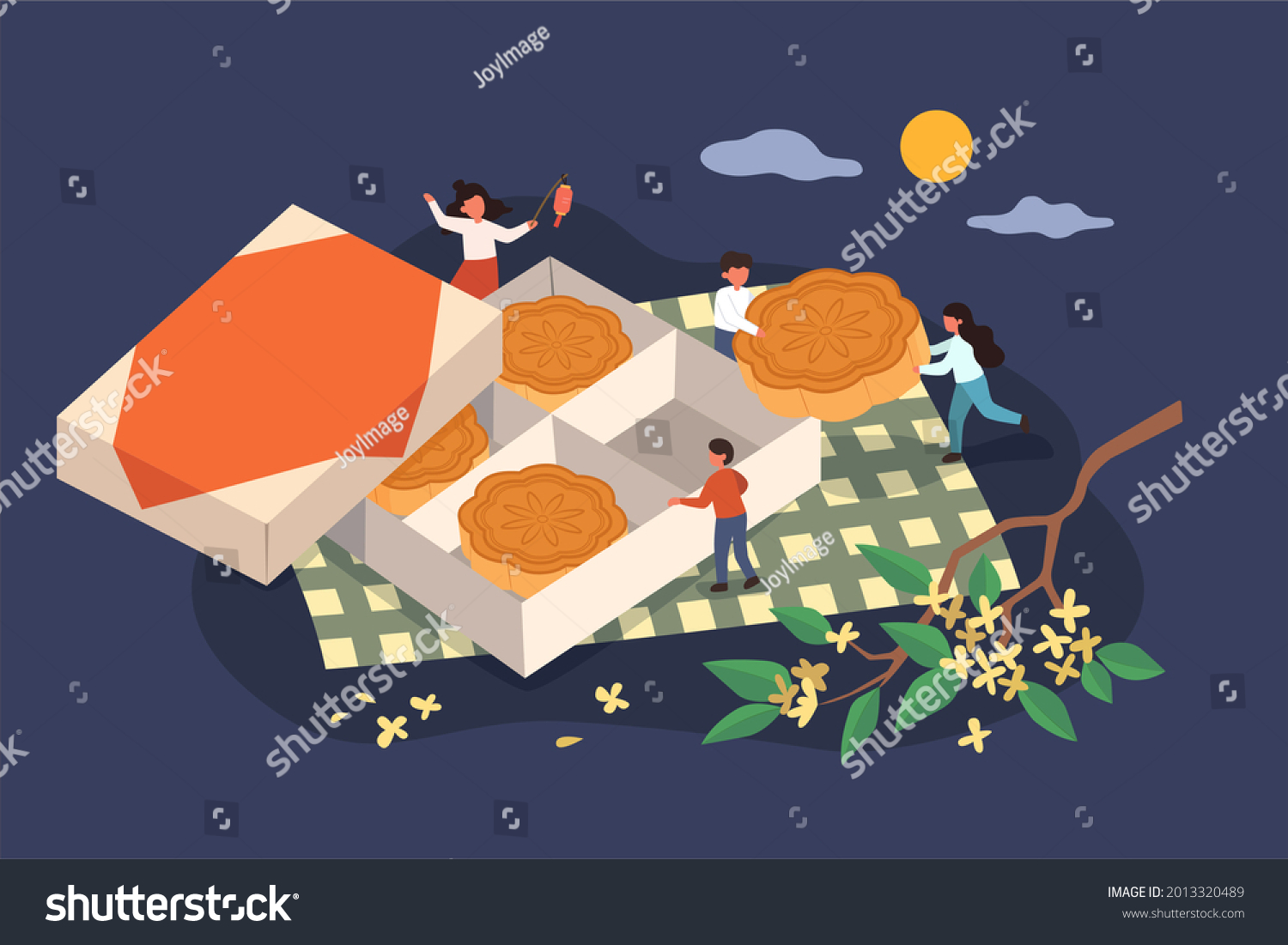 mid autumn festival banner. Flat illustration of family sharing a mooncake gift box on picnic plaid with osmanthus branch at night