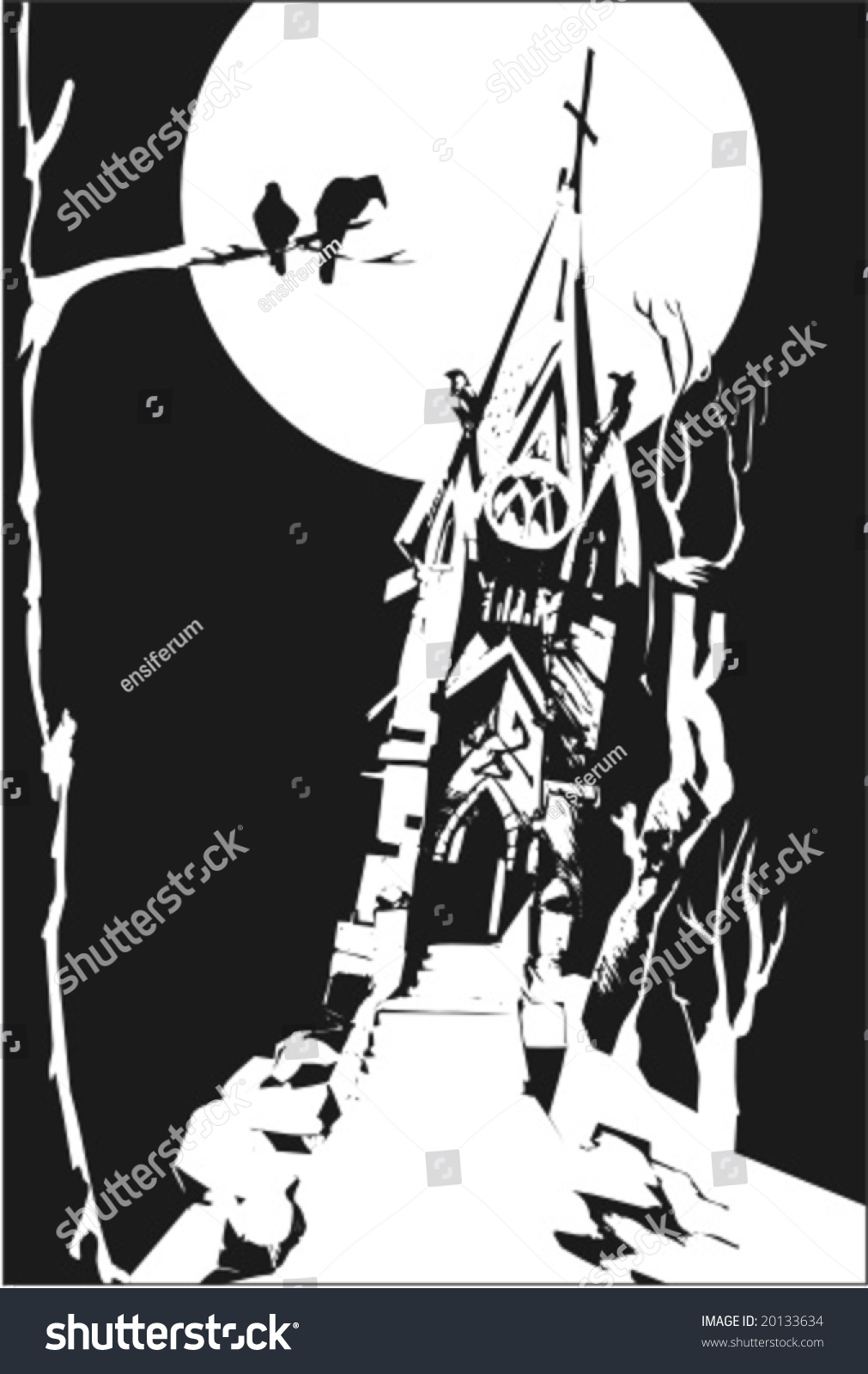 Old chapel in ruins under the moonlight  vector illustration