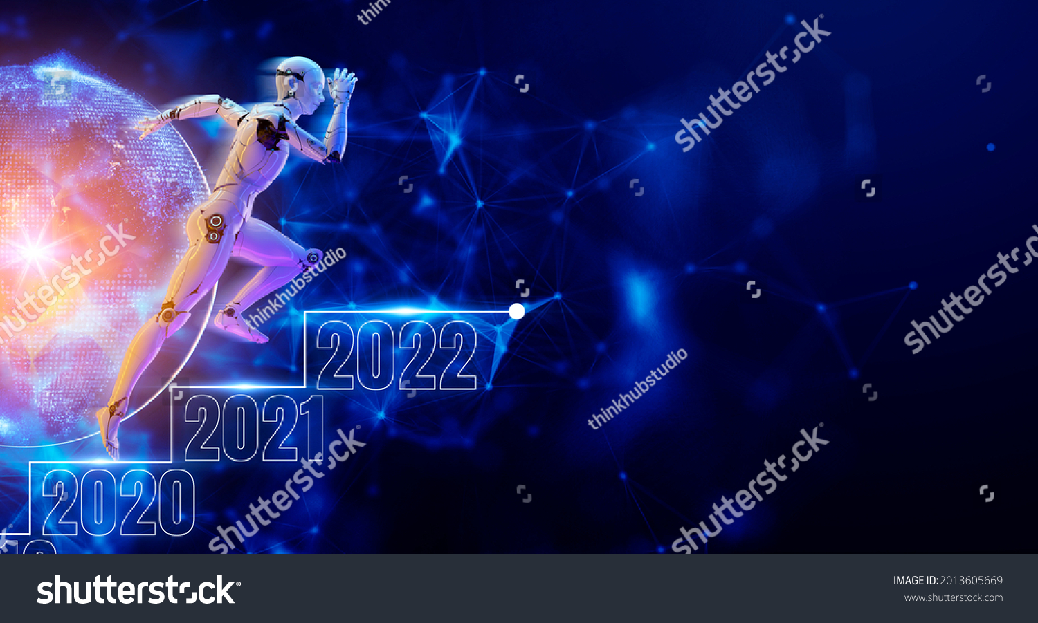 2022 New year robot technology futuristic modern background. 3D Android robot runs across 2021 to 2022 cyberspace background