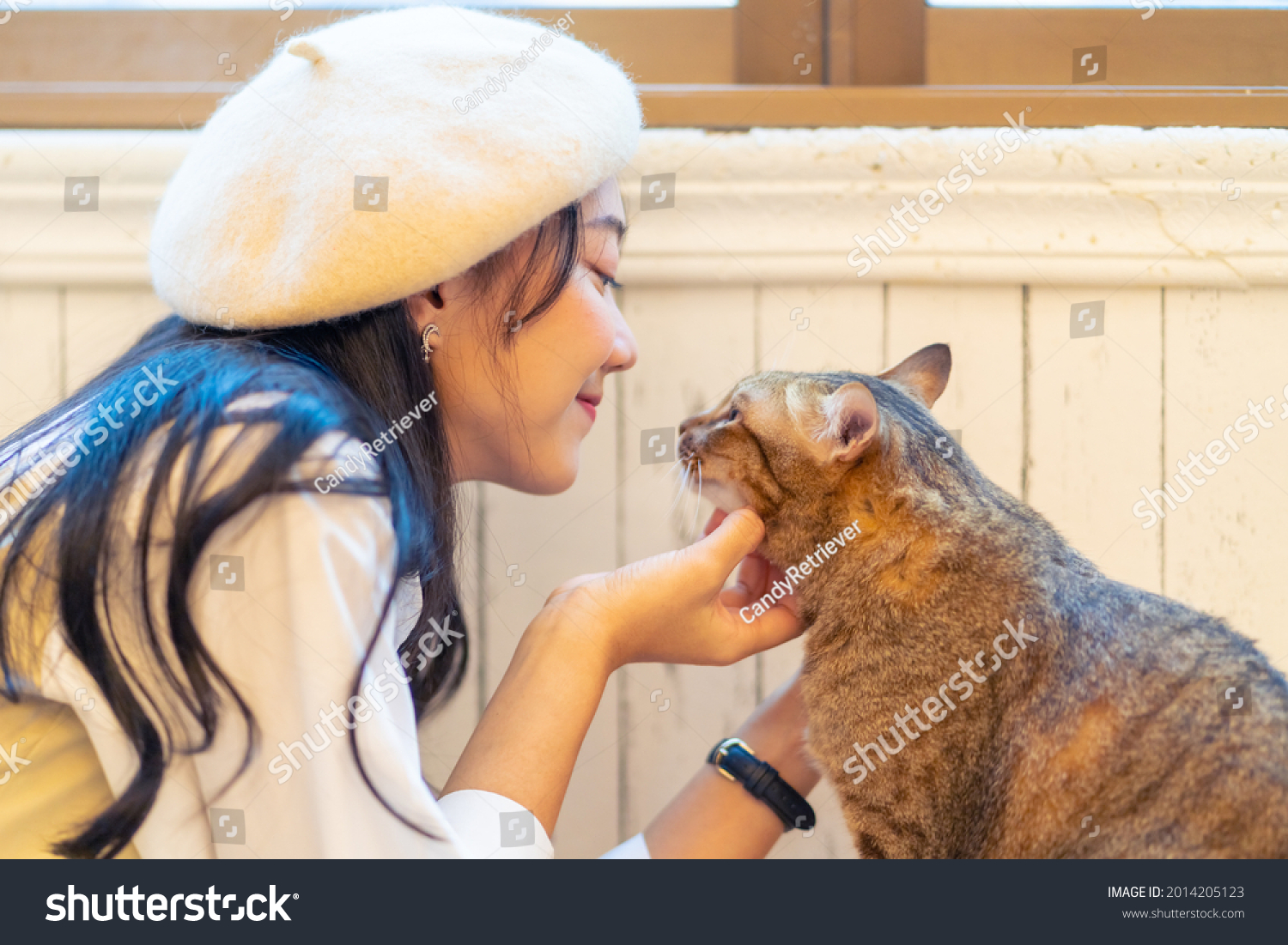 Young Asian woman sitting on floor playing and stroking adorable cat with happiness. Pretty girl enjoy indoor lifestyle with friendly cat at home. Pet and owner friendship and relationship concept