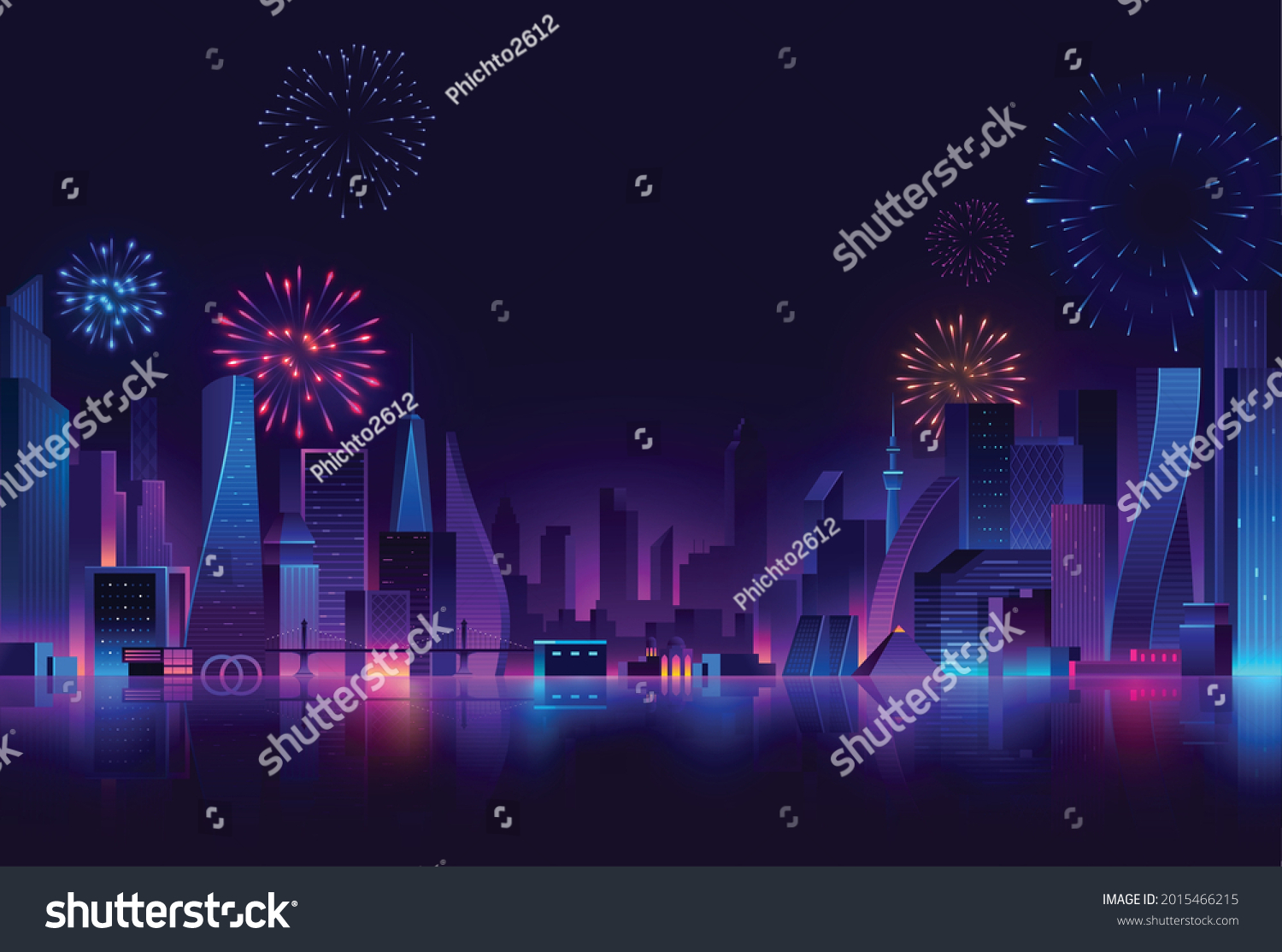 
Futuristic night city. Cityscape on a dark background with bright fireworks and glowing neon purple and blue lights.Wide highway front view. and retro wave style illustration