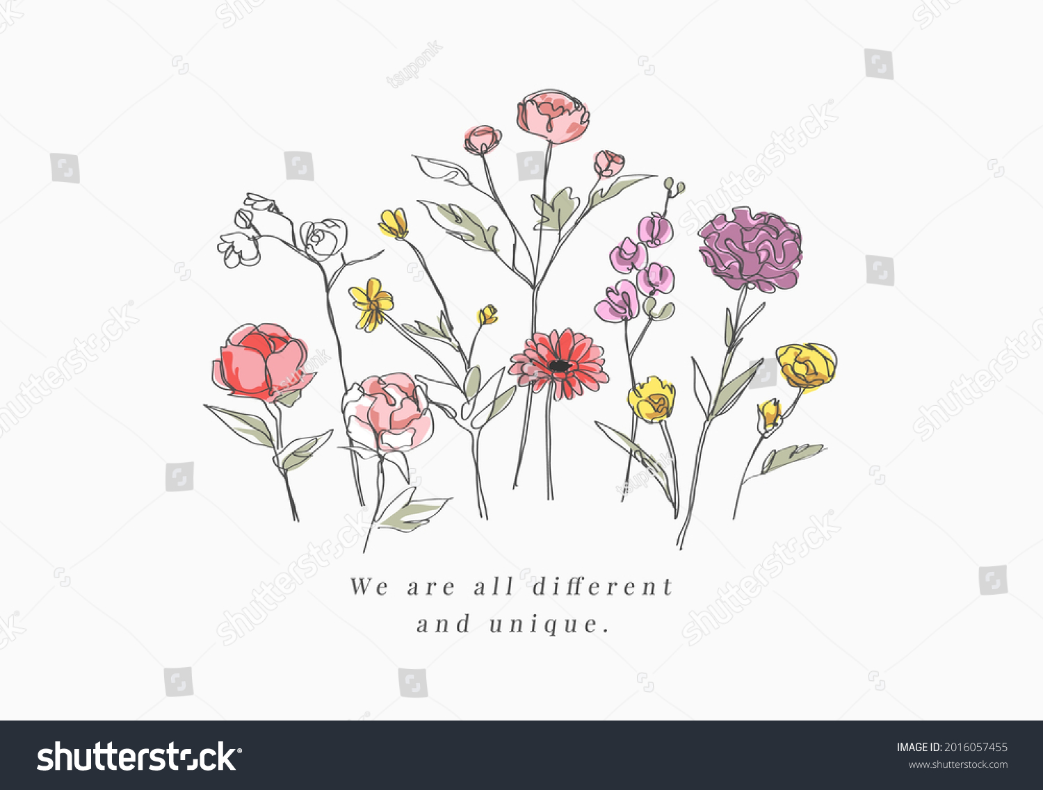 typography slogan with colorful hand drawn wild flowers vector illustration