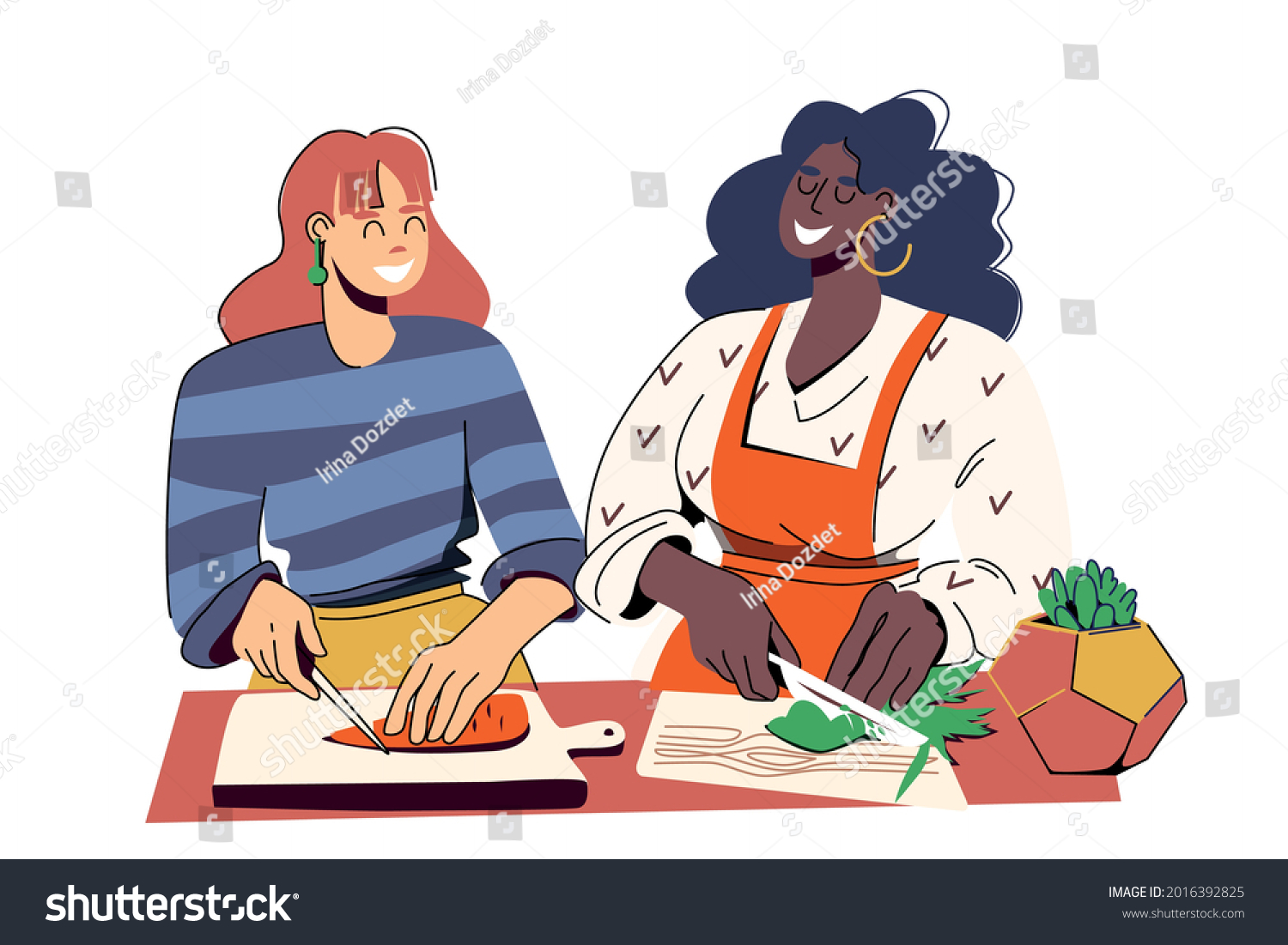 Two young different beautiful women cut vegetables  cook together. A culinary master class or just a meeting of friends in a modern kitchen. Vector illustration isolated on white background