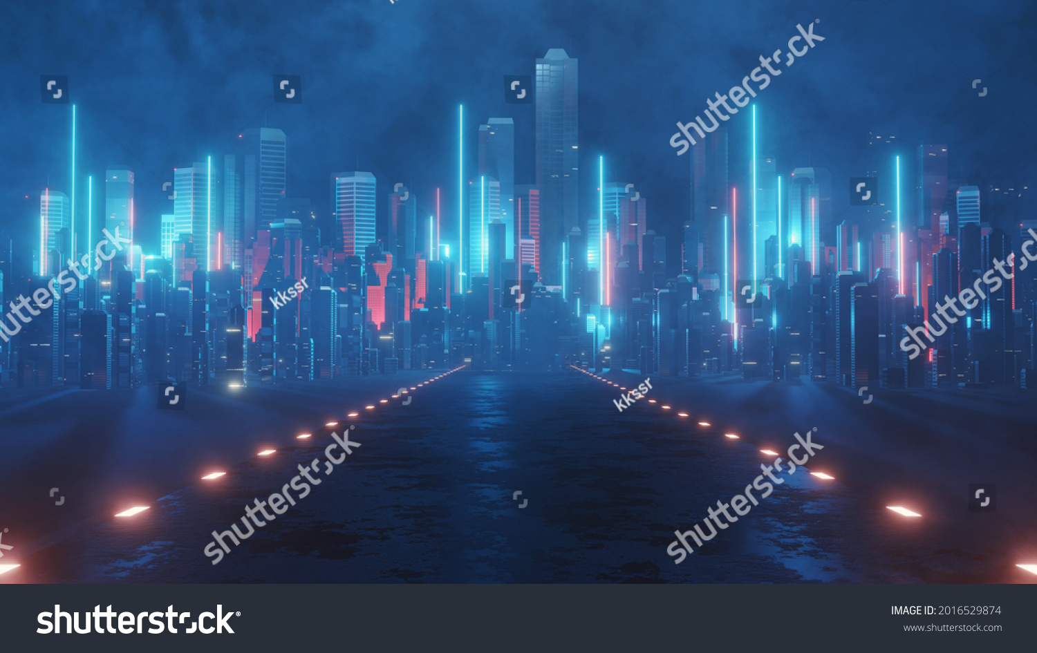 3D渲染霓虹灯大城市 从街道上的水坑朝着建筑物的水坑进行了光反射。夜生活概念 商业区中心（CBD）网络朋克主题 技术背景