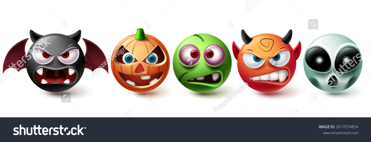 Emoji halloween vector set. Emojis halloween character graphic elements in creepy  horror and scary character collection isolated in white background. Vector illustration
