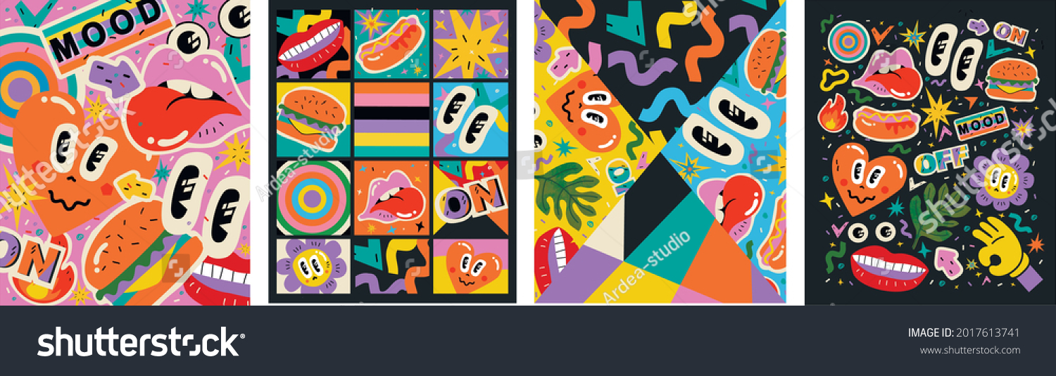 Abstract shapes  funny comic cute characters and doodles. Trendy modern illustration for poster  postcard or background