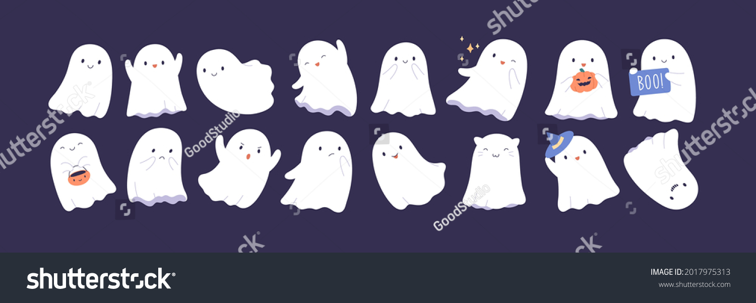 Set of cute funny happy ghosts. Childish spooky boo characters for kids. Magic scary spirits with different emotions and face expressions. Isolated flat cartoon vector illustrations of comic phantoms