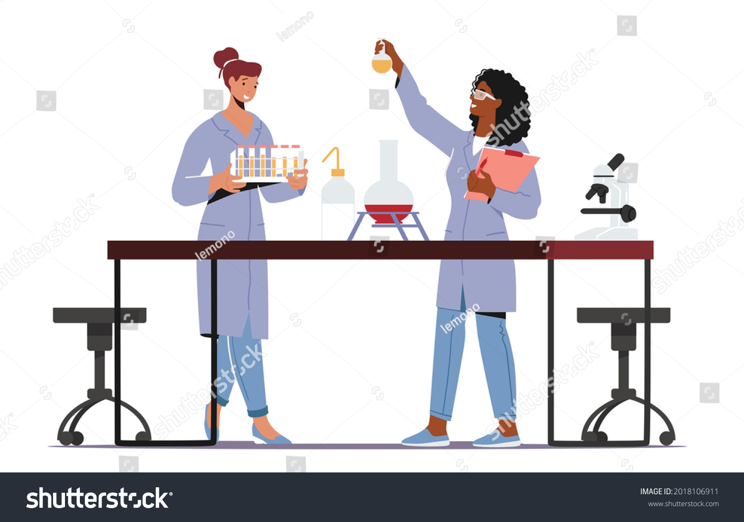 Scientist Female Characters In Coat Conduct Experiment In Scientific 