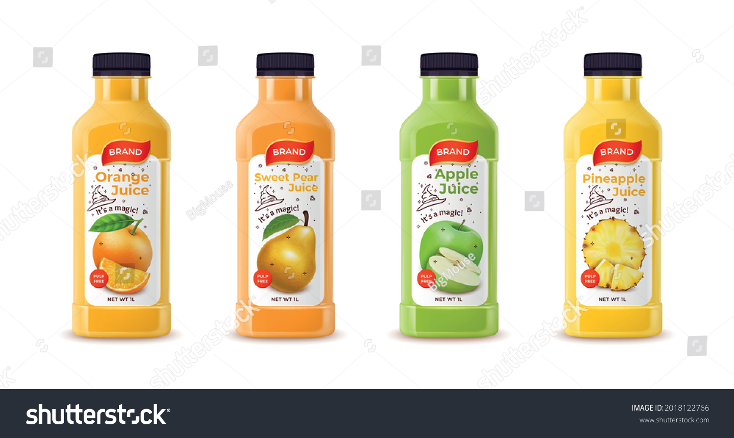 Realistic Detailed 3d Fresh Juice Plastic or Glass Bottle Set Include of Orange  Apple  Pear and Pineapple. Vector illustration