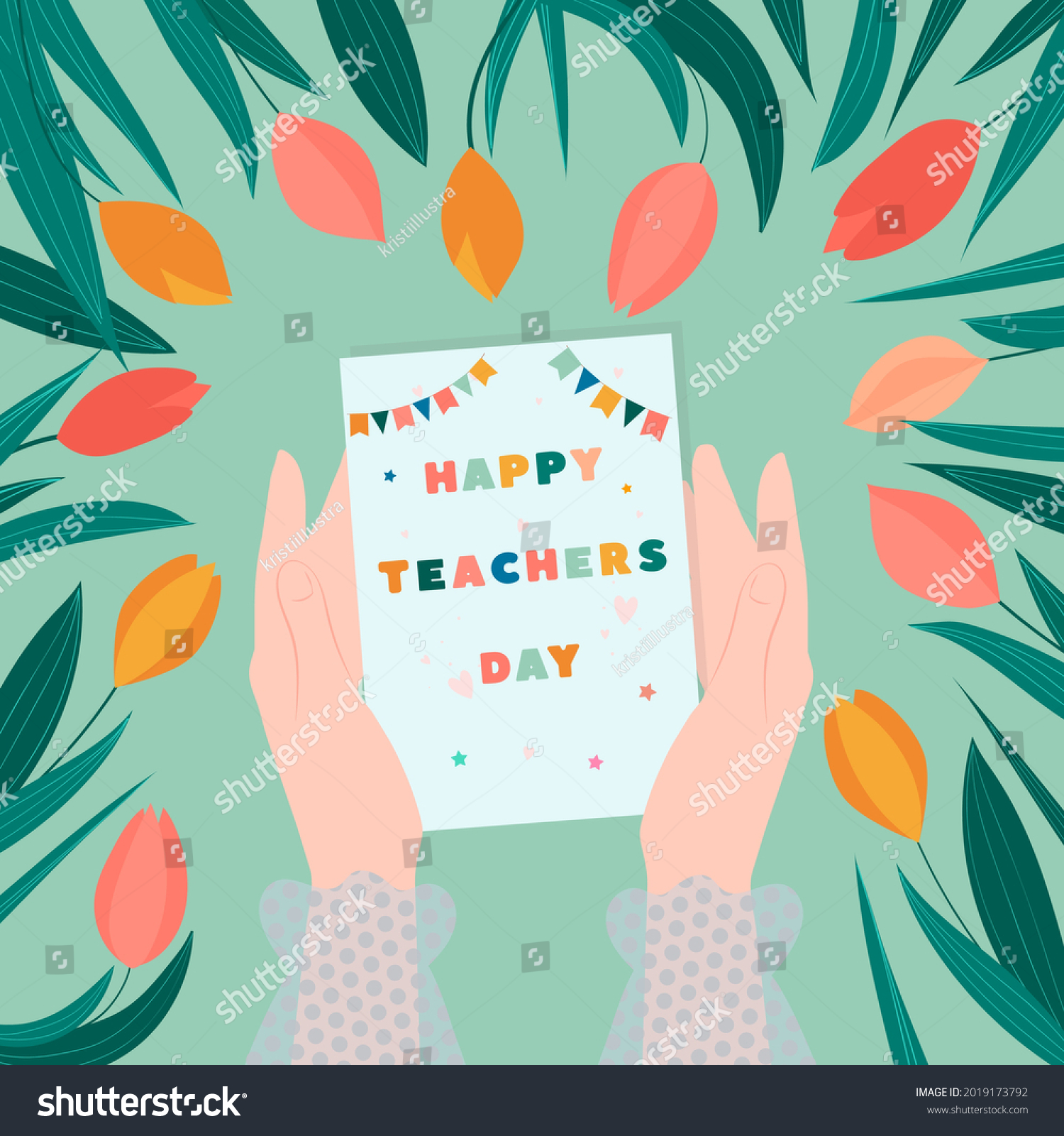 Happy teachers day vector illustration. Female hands hold a card with the inscription Happy Teacher's Day and a frame of tulip flowers.