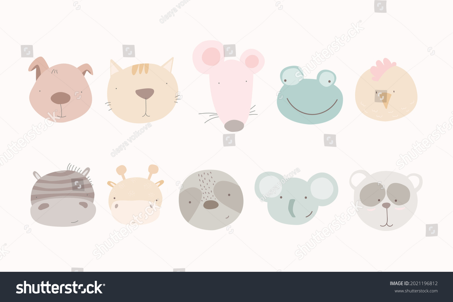 Set of cute animal heads. Cartoon zoo. Collection of cute animal characters in cartoon style. dog  cat  mouse  frog  chicken  zebra  giraffe  elephant  panda. Vector.