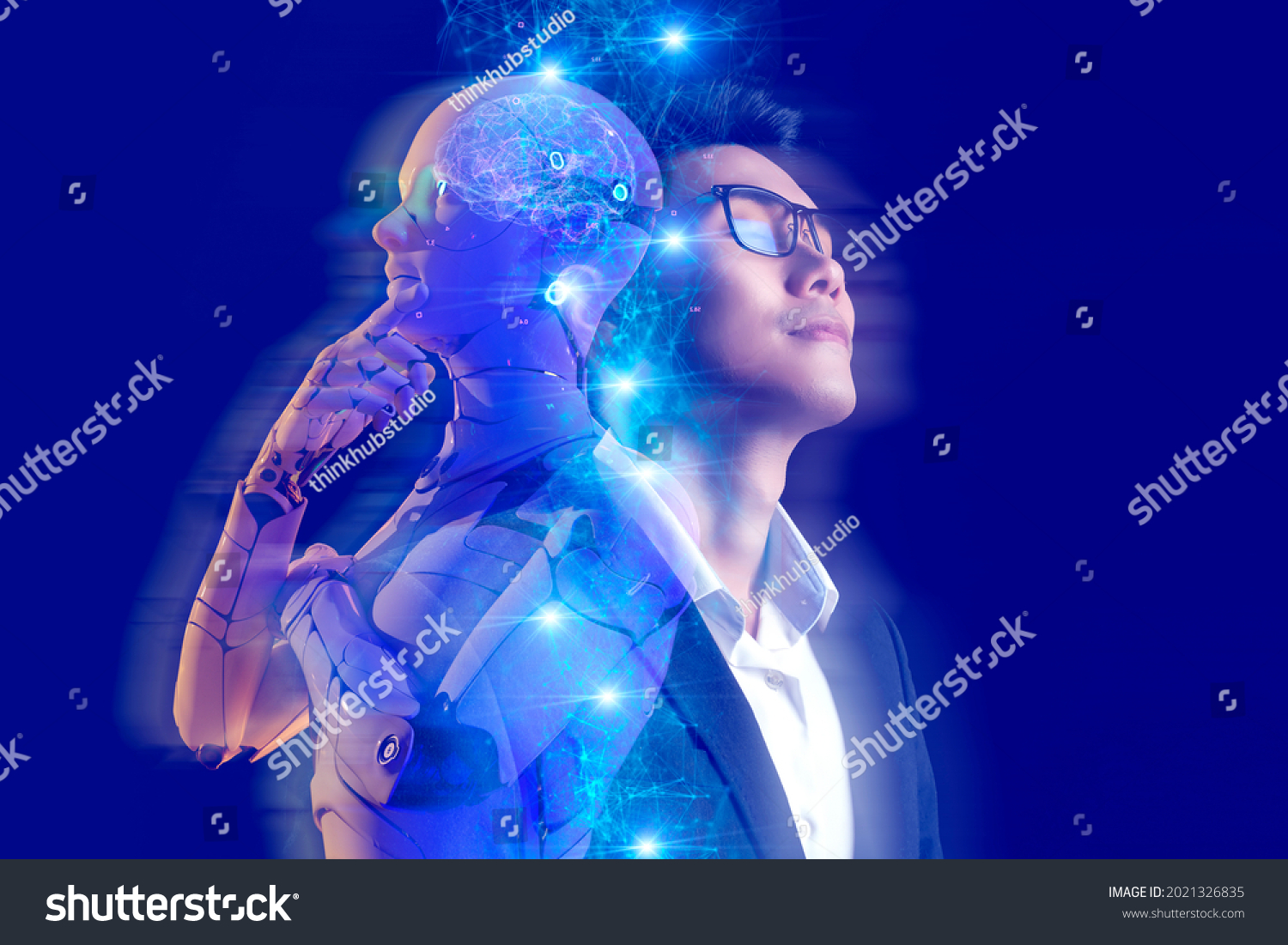 Business investment and AI artificial intelligence data analysis technology. Businessman and robot future investor stock market forex and crypto currency finance investment.