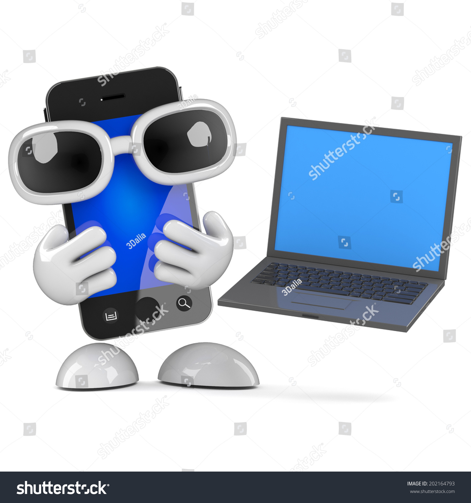 3d render of a smartphone holding a...laptop