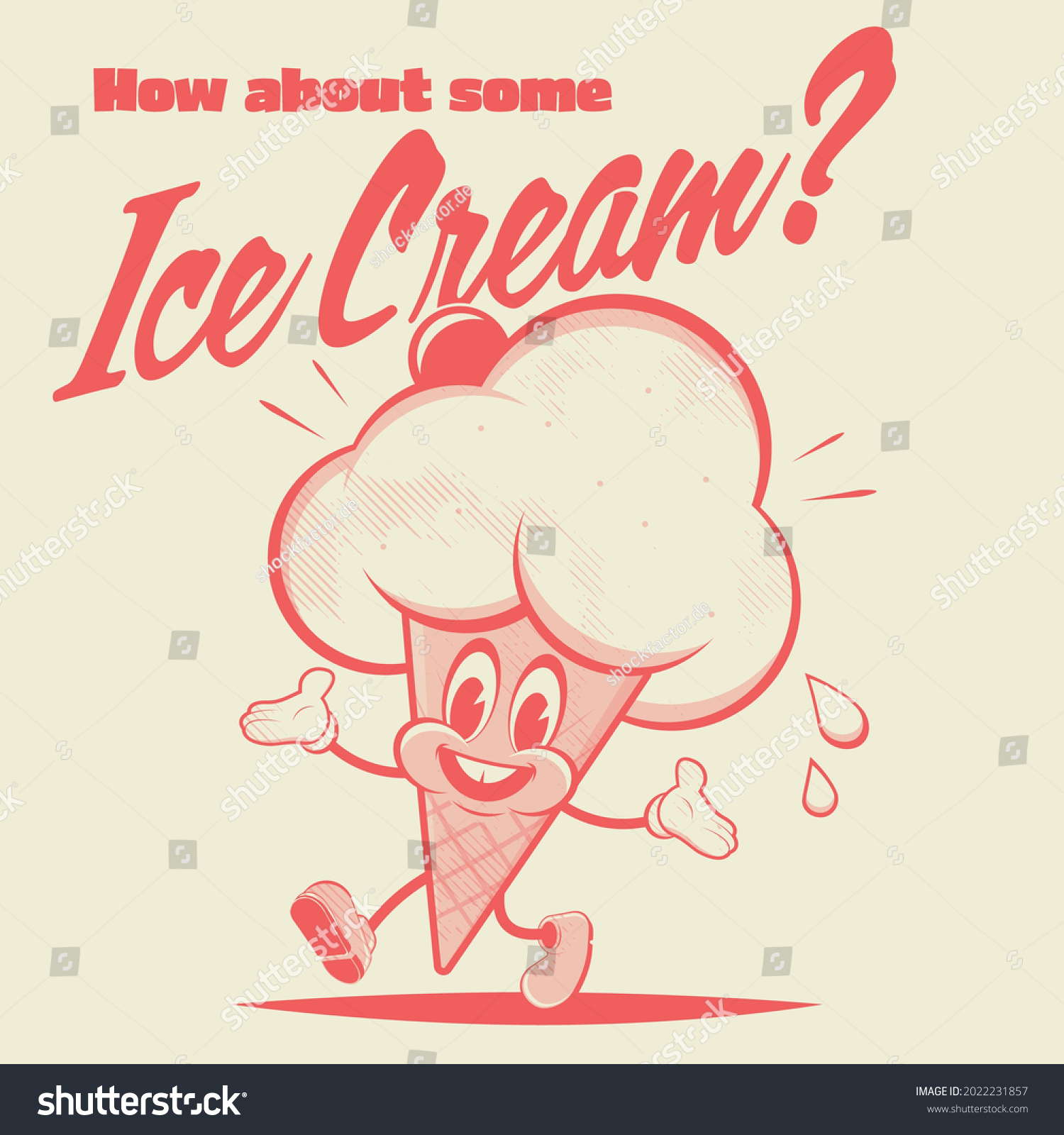retro cartoon illustration of a happy ice cream cone